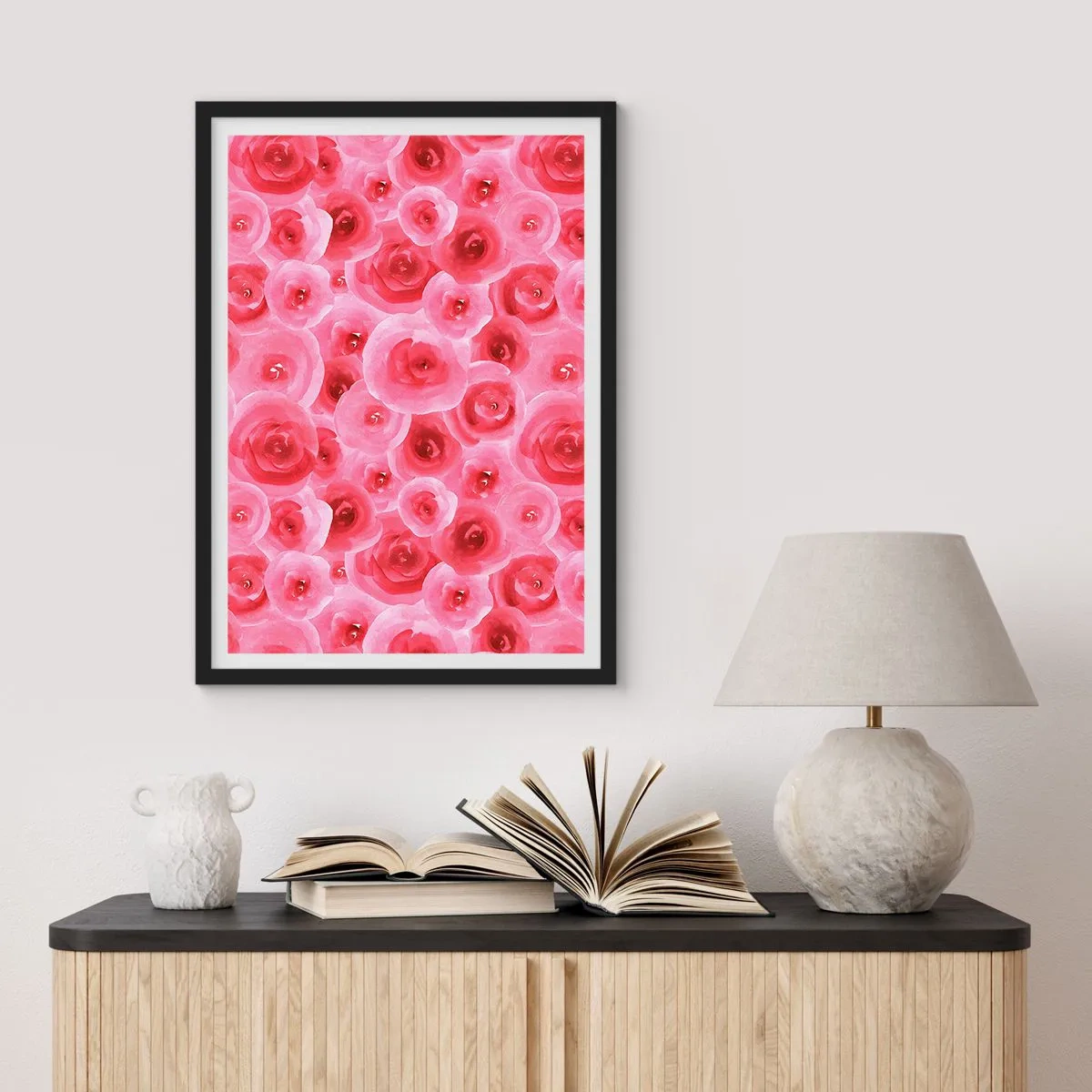 Poster in einem schwarzem Rahmen - Aquarell rosa Rosen im romantischen Stil - 50x70cm - Oben und unten Rosen - Moderne Wanddekoration für Wohnzimmer und Schlafzimmer ARTTOR