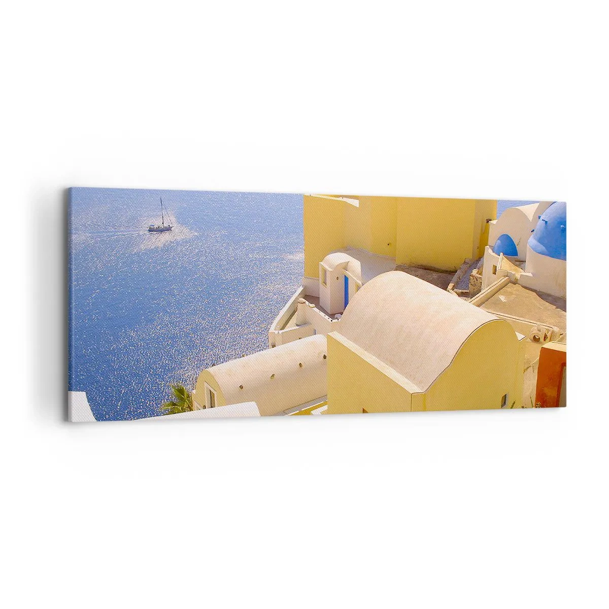 Bild auf Leinwand - Leinwandbild - Griechische Architektur mit Meerblick und einem Boot im Hintergrund - 120x50cm - Griechische Landschaft in Weiß und Blau - Moderne Wanddekoration für Wohnzimmer und Schlafzimmer ARTTOR