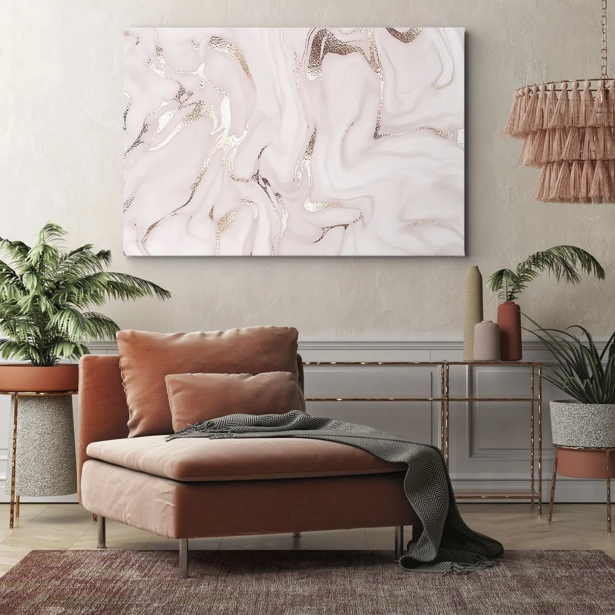 Bild auf Leinwand - Leinwandbild - Elegante Abstraktion in Rosa- und Goldtönen - 100x70cm - In einem rosa Schal - Moderne Wanddekoration für Wohnzimmer und Schlafzimmer ARTTOR