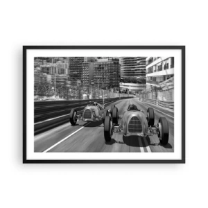 Poster in einem schwarzem Rahmen - Monochrome Retro-Autorennen-Szene - 70x50cm - Vor langer Zeit in Monte Carlo - Moderne Wanddekoration für Wohnzimmer und Schlafzimmer ARTTOR