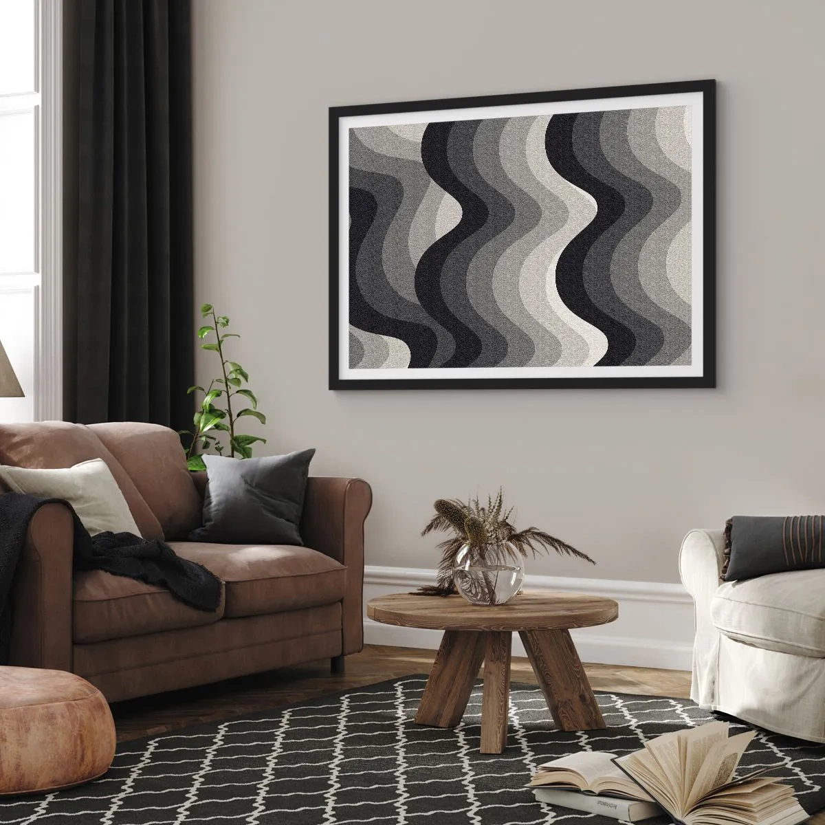 Poster in einem schwarzem Rahmen - Schwarz-weiße Wellenmuster in Grautönen - 70x50cm - Eine Welle nach der anderen - Moderne Wanddekoration für Wohnzimmer und Schlafzimmer ARTTOR