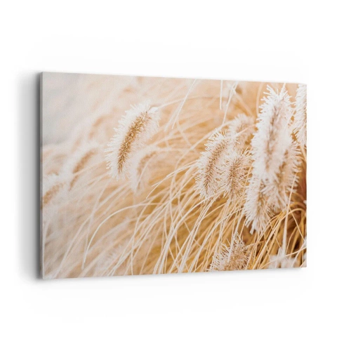 Bild auf Leinwand - Leinwandbild - Nahaufnahme von goldenen, zarten Gräsern im Sonnenlicht - 100x70cm - Das goldene Rauschen des Grases - Moderne Wanddekoration für Wohnzimmer und Schlafzimmer ARTTOR