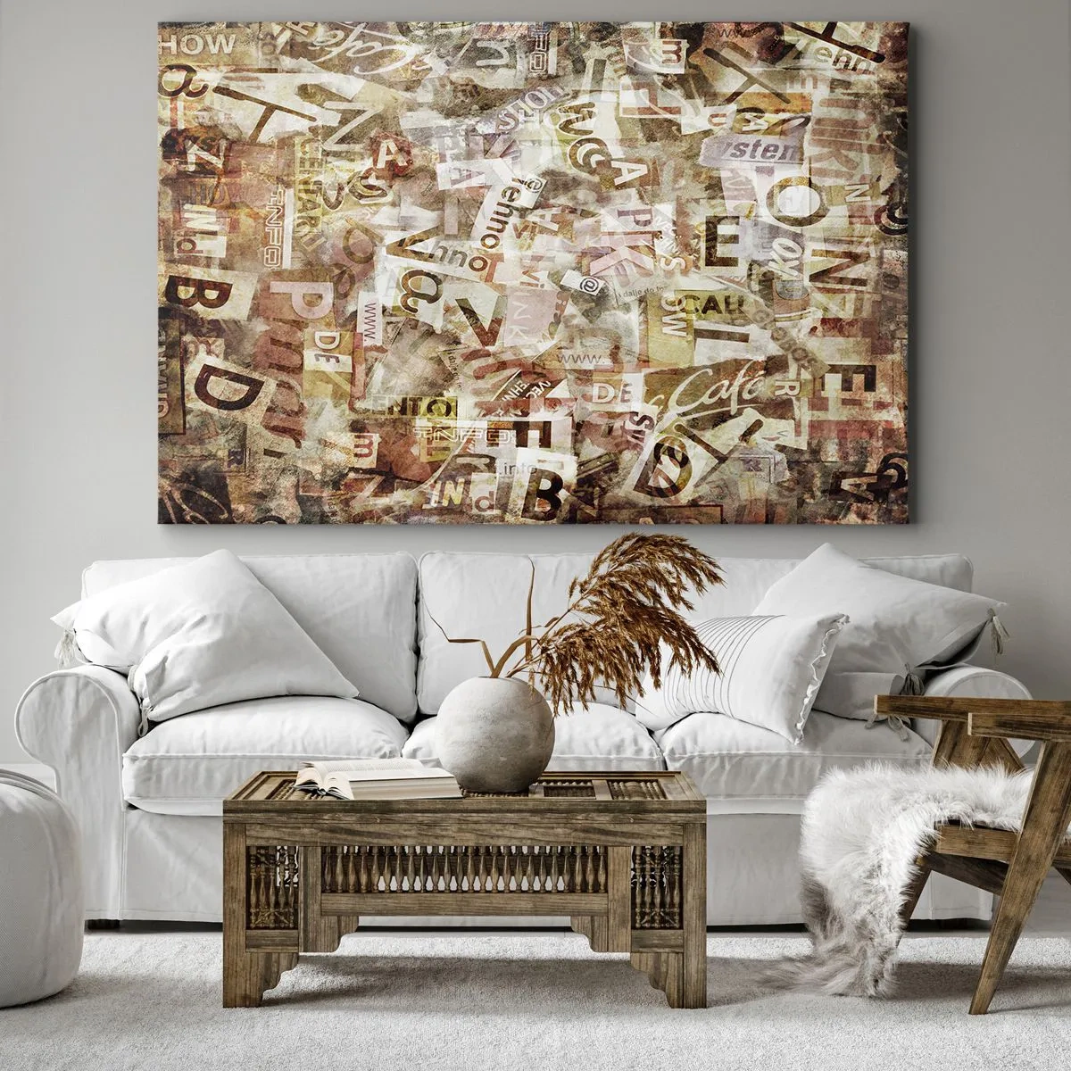 Bild auf Leinwand - Leinwandbild - Abstrakte Komposition mit Buchstaben und Textfragmenten - 70x50cm - Ich vereinige das Geschwätz - Moderne Wanddekoration für Wohnzimmer und Schlafzimmer ARTTOR