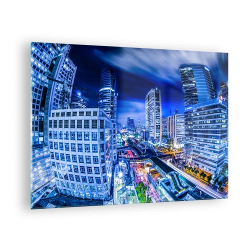 Glasbild - Bild auf glas - Panorama einer modernen Stadt bei Nacht mit hellen Lichtern - 70x50cm - Rhythmen der Nachtstadt - Moderne Wanddekoration für Wohnzimmer und Schlafzimmer ARTTOR