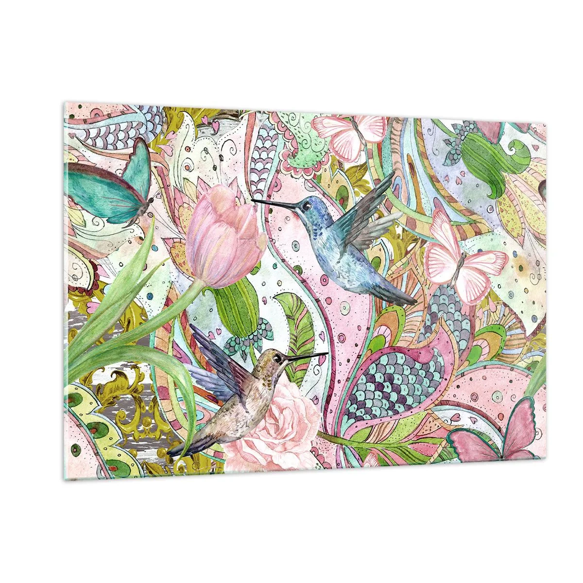 Glasbild - Bild auf glas - Bunte Kolibris zwischen Blumen und Schmetterlingen - 120x80cm - Verstrickt in Weinreben - Moderne Wanddekoration für Wohnzimmer und Schlafzimmer ARTTOR