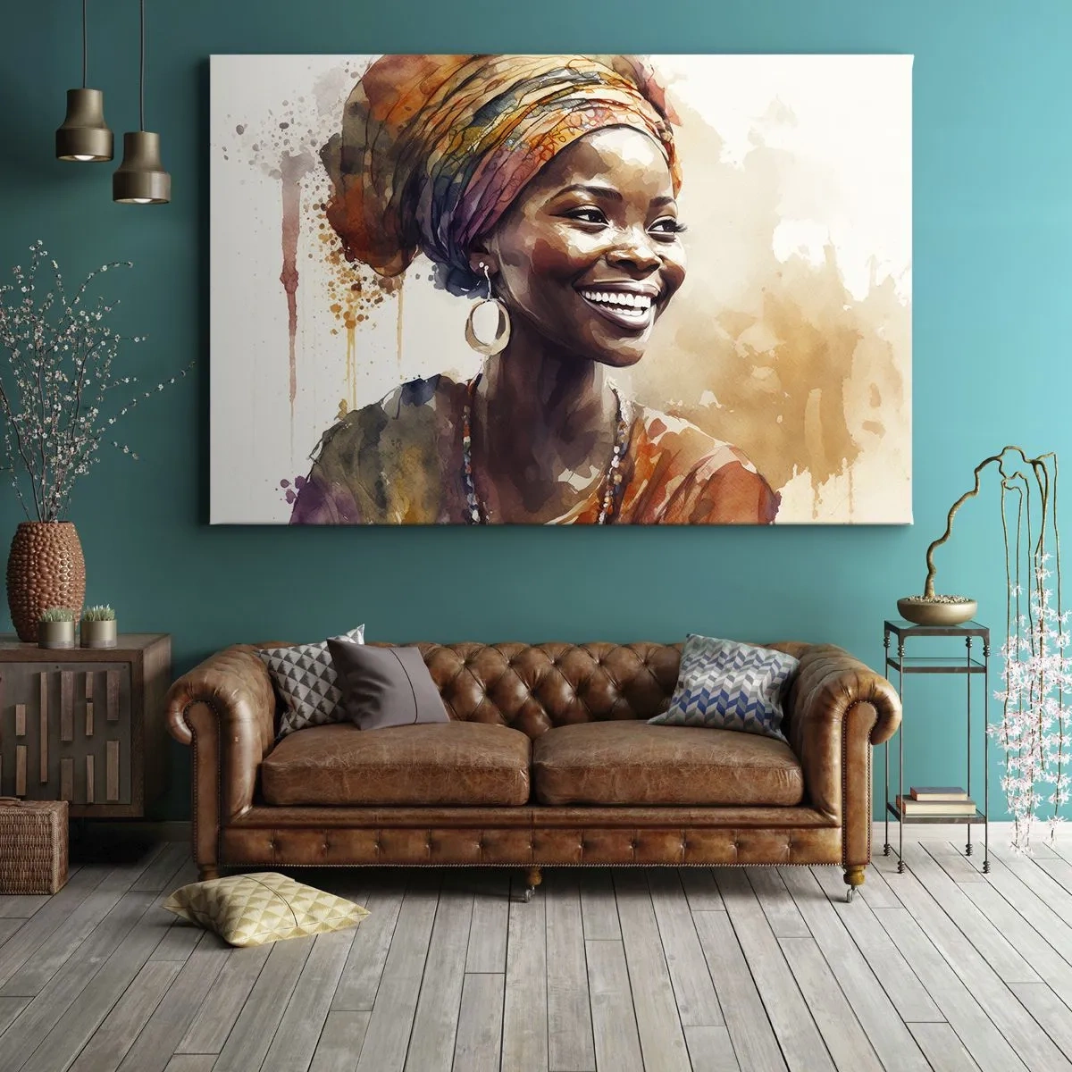 Bild auf Leinwand - Leinwandbild - Porträt einer lächelnden Frau mit buntem Schal in Aquarell - 100x70cm - Afrikanische Königin - Moderne Wanddekoration für Wohnzimmer und Schlafzimmer ARTTOR