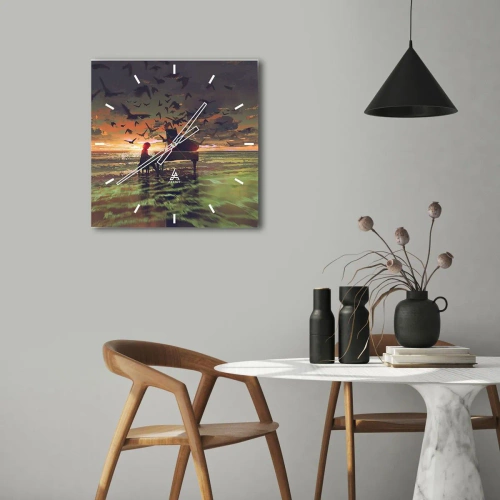 Wanduhr - Glasuhr - Ein Klavier am Meeresufer bei Sonnenuntergang mit Vögeln - 30x30cm - Konzert für Klavier und Wellen - Moderne Wanddekoration für Wohnzimmer und Schlafzimmer ARTTOR