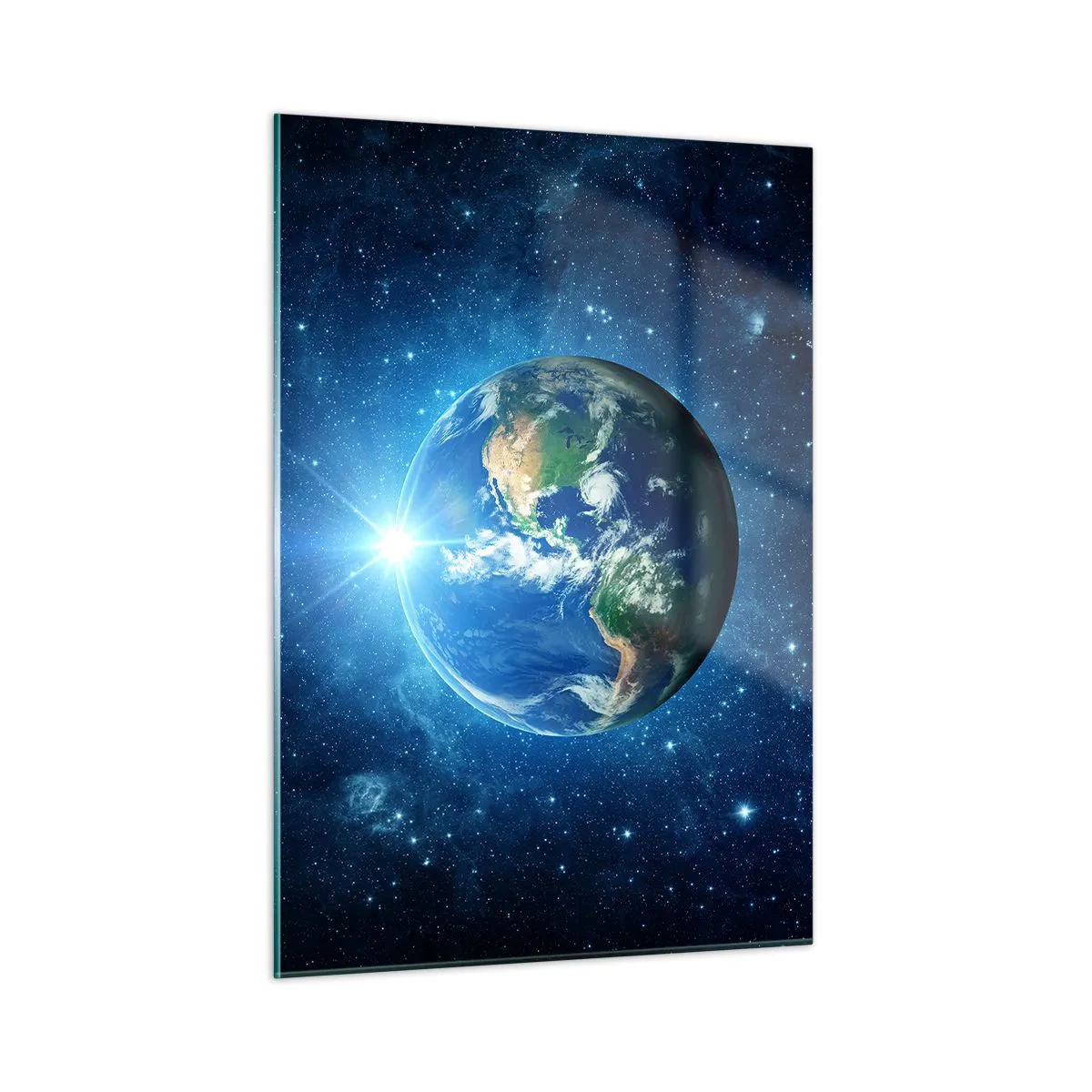 Glasbild - Bild auf glas - Erde aus dem Weltraum mit Lichtstrahlen gesehen - 50x70cm - Wir sind im Himmel - Moderne Wanddekoration für Wohnzimmer und Schlafzimmer ARTTOR