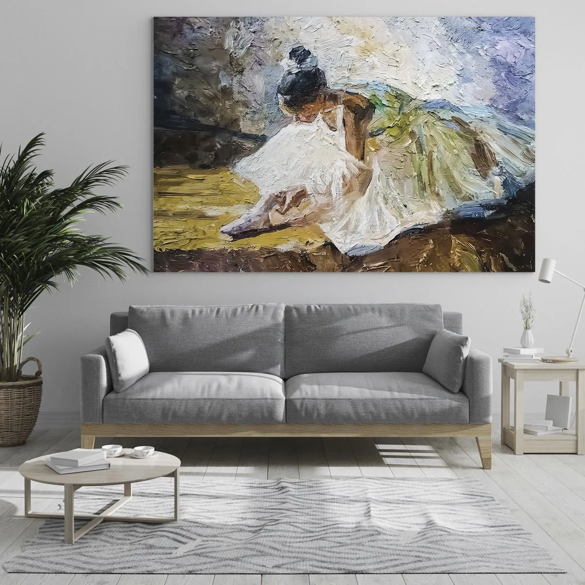 Glasbild - Bild auf glas - Eine nach vorne gebeugte Ballerina in einem weißen Kleid, das mit einer Öltextur bemalt ist - 120x80cm - Aus einem Gemälde von Degas - Moderne Wanddekoration für Wohnzimmer und Schlafzimmer ARTTOR