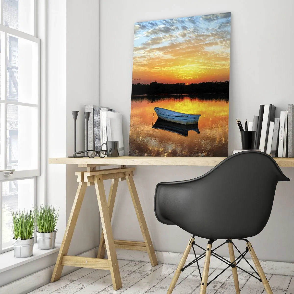 Glasbild - Bild auf glas - Ein Boot auf einem ruhigen See bei Sonnenuntergang - 70x100cm - Schauen, hören, meditieren - Moderne Wanddekoration für Wohnzimmer und Schlafzimmer ARTTOR