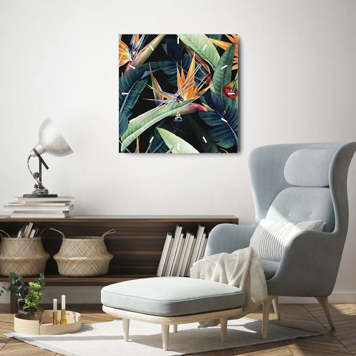 Wanduhr - Glasuhr - Tropische Blumen und Blätter auf schwarzem Hintergrund - 30x30cm - Flammende Blumen der Tropen - Moderne Wanddekoration für Wohnzimmer und Schlafzimmer ARTTOR