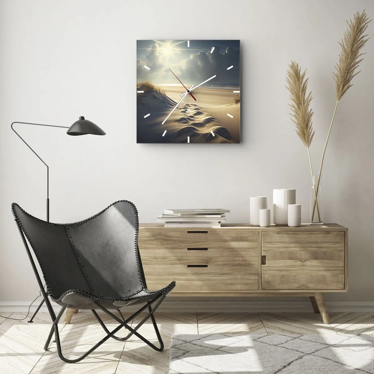 Wanduhr - Glasuhr - Goldene Dünen am Strand bei Sonnenuntergang mit Blick auf das Meer - 30x30cm - Beruhigende Landschaft - Moderne Wanddekoration für Wohnzimmer und Schlafzimmer ARTTOR
