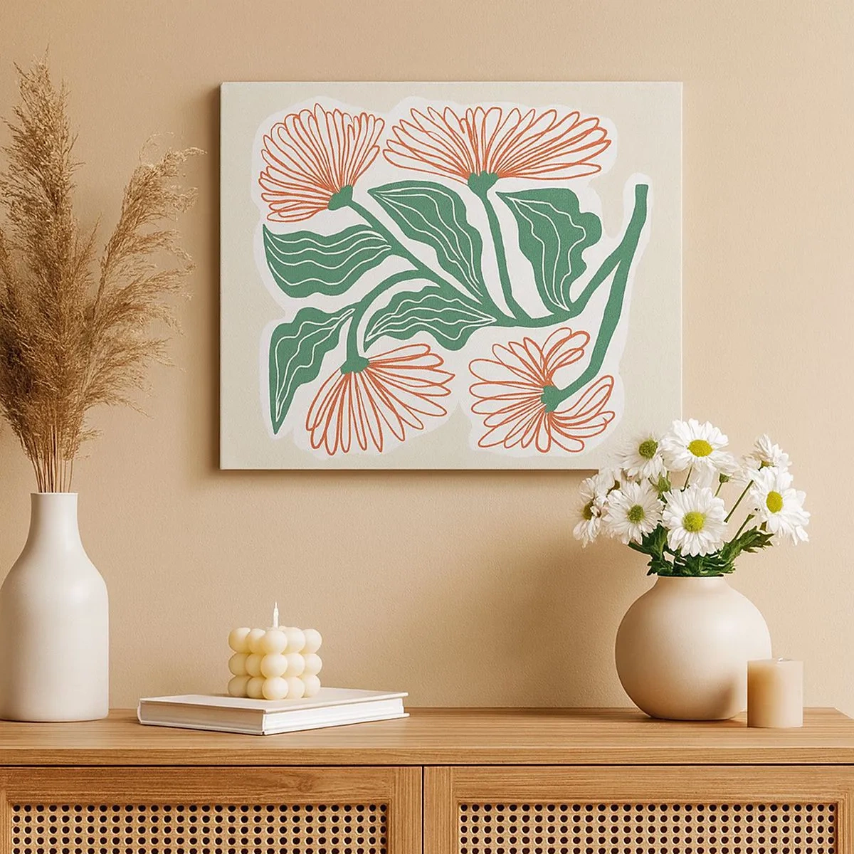 Bild auf Leinwand - Leinwandbild - Eine Blumenzeichnung im minimalistischen Stil mit grünen Blättern - 70x50cm - Im Folkstil und modern - Moderne Wanddekoration für Wohnzimmer und Schlafzimmer ARTTOR