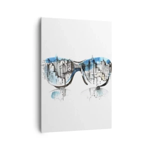 Bild auf Leinwand - Leinwandbild - Aquarell des Stadtpanoramas, das sich in den Gläsern spiegelt - 70x100cm - Großstadt-Chic - Moderne Wanddekoration für Wohnzimmer und Schlafzimmer ARTTOR