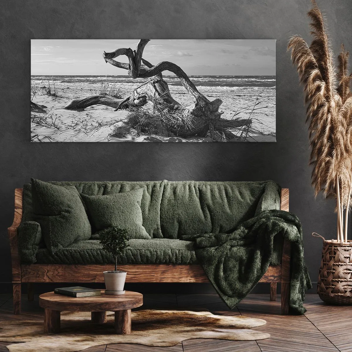Bild auf Leinwand - Leinwandbild - Schwarz-weiße Landschaft mit einem toten Baum am Strand - 120x50cm - Meeresskulptur - Moderne Wanddekoration für Wohnzimmer und Schlafzimmer ARTTOR