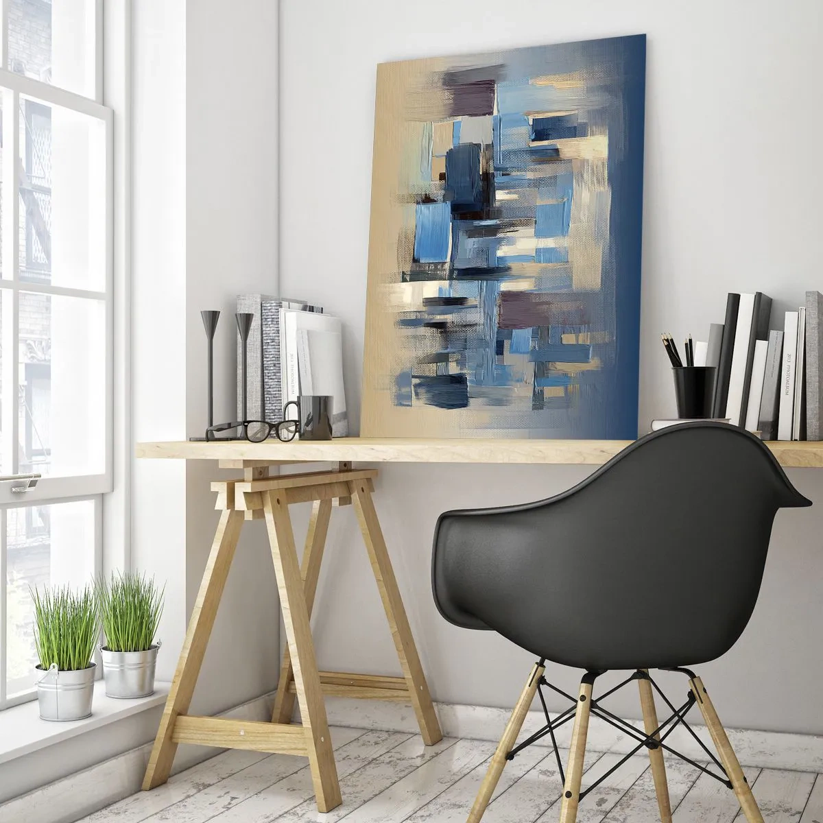 Glasbild - Bild auf glas - Geometrische Pinselstriche in Blau- und Beigetönen - 50x70cm - Blaue Konstruktion - Moderne Wanddekoration für Wohnzimmer und Schlafzimmer ARTTOR
