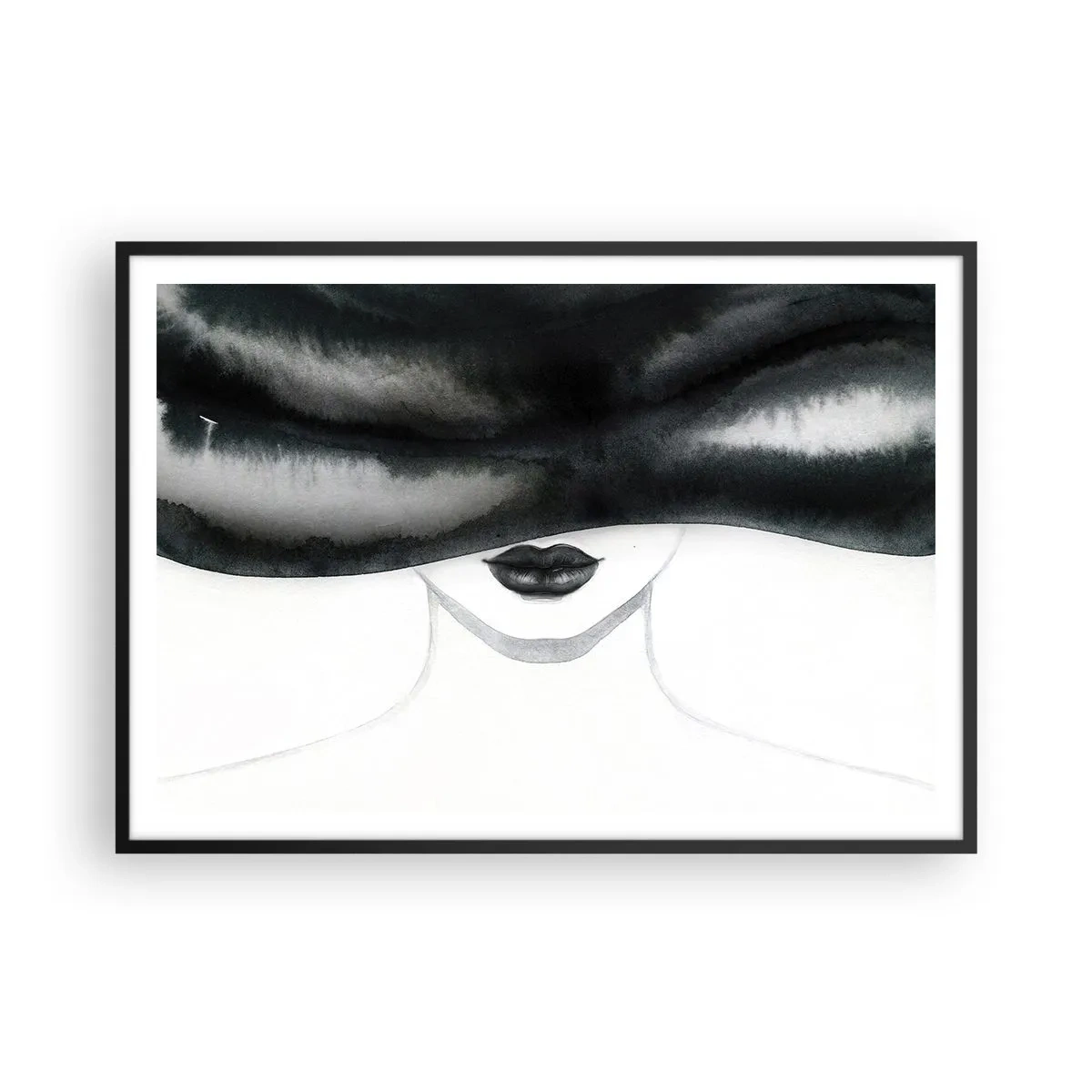 Poster in einem schwarzem Rahmen - Ein subtiles Porträt einer Frau, deren Gesicht in einem monochromen Stil bedeckt ist. - 100x70cm - Ein sinnliches Geheimnis - Moderne Wanddekoration für Wohnzimmer und Schlafzimmer ARTTOR