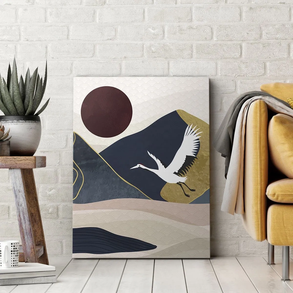 Bild auf Leinwand - Leinwandbild - Kraniche im Flug vor der Kulisse der Berge und einer roten Sonne - 50x70cm - Es ist wieder ein Tag VERFLOGEN - Moderne Wanddekoration für Wohnzimmer und Schlafzimmer ARTTOR