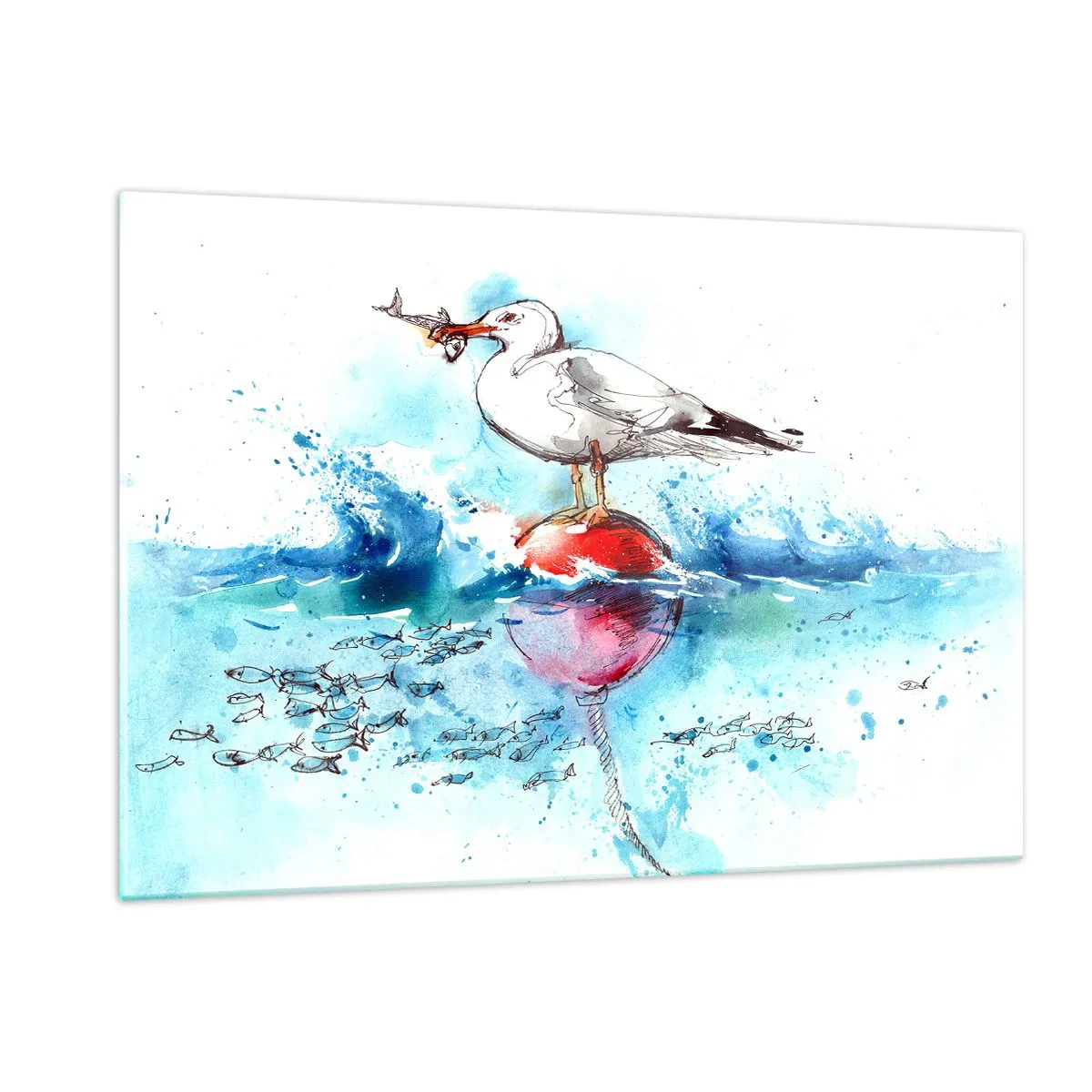 Glasbild - Bild auf glas - Eine Möwe auf einer Boje mit einem Fisch im Hintergrund der Meereswellen - 120x80cm - Erfolgreicher Fang - Moderne Wanddekoration für Wohnzimmer und Schlafzimmer ARTTOR