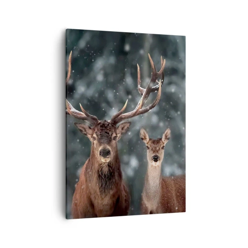Bild auf Leinwand - Leinwandbild - Hirsche im verschneiten Winterwald - 50x70cm - Herr des Waldes mit seiner Frau - Moderne Wanddekoration für Wohnzimmer und Schlafzimmer ARTTOR