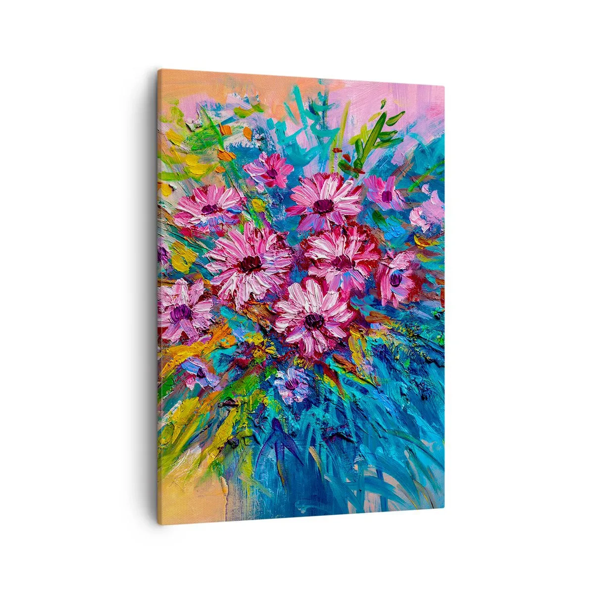 Bild auf Leinwand - Leinwandbild - Bunte Blumen in einem Strauß vor pastellfarbenem Hintergrund - 50x70cm - Lebensenergie - Moderne Wanddekoration für Wohnzimmer und Schlafzimmer ARTTOR