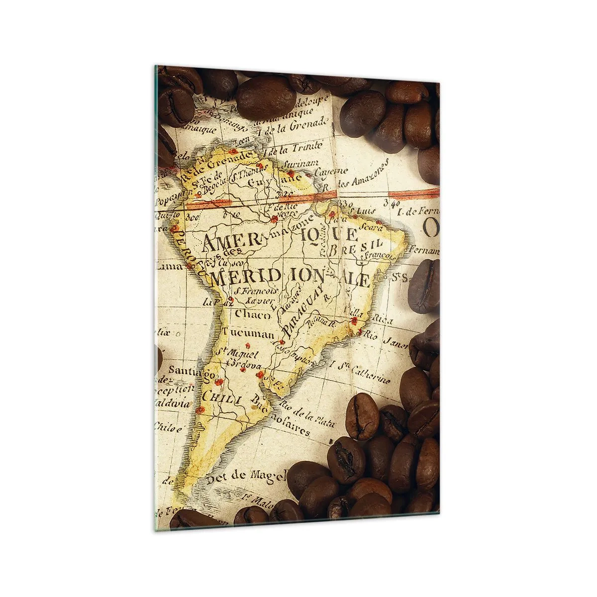 Glasbild - Bild auf glas - Eine Karte von Südamerika, umgeben von Kaffeebohnen. - 70x100cm - Woher kommt der beste Kaffee? - Moderne Wanddekoration für Wohnzimmer und Schlafzimmer ARTTOR