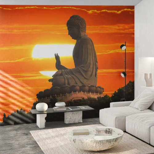 Fototapete Premium Sand - Eine Buddha-Statue vor dem Hintergrund eines orangefarbenen Sonnenuntergangs - 100x70cm - Keine Angst vor der Welt - Moderne Wanddekoration für Wohnzimmer und Schlafzimmer ARTTOR