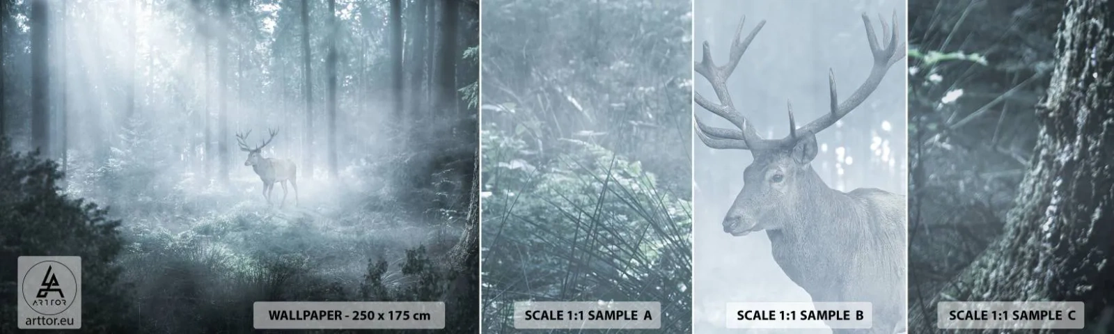 Fototapetenmuster Standard Eco - Morgenvisite auf dem Grundstück - Landschaft, Wald, Reh - 100x30 cm