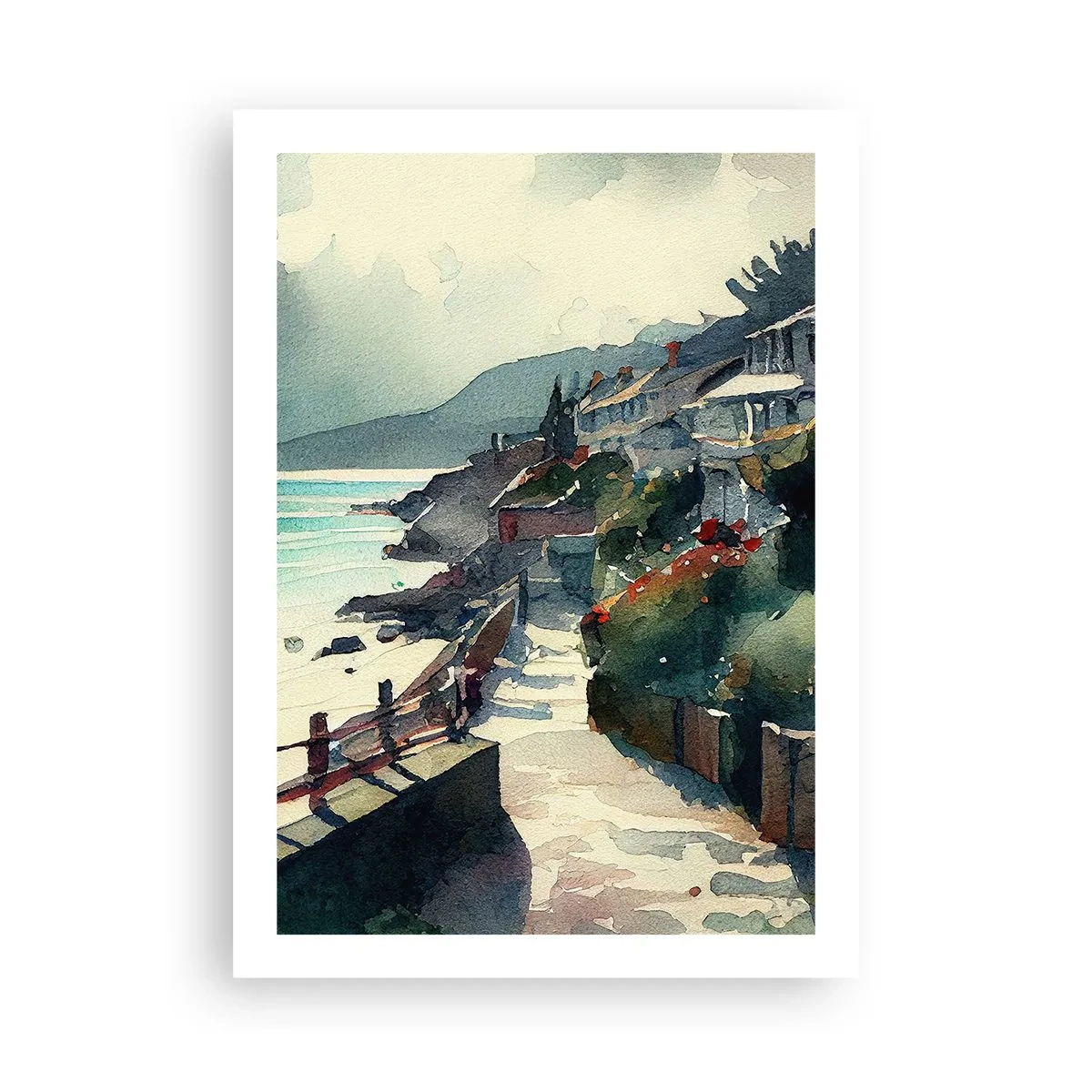 Poster - Ein malerischer Küstenweg im Aquarellstil - 50x70cm - Mittelmeerstadt - Moderne Wanddekoration für Wohnzimmer und Schlafzimmer ARTTOR