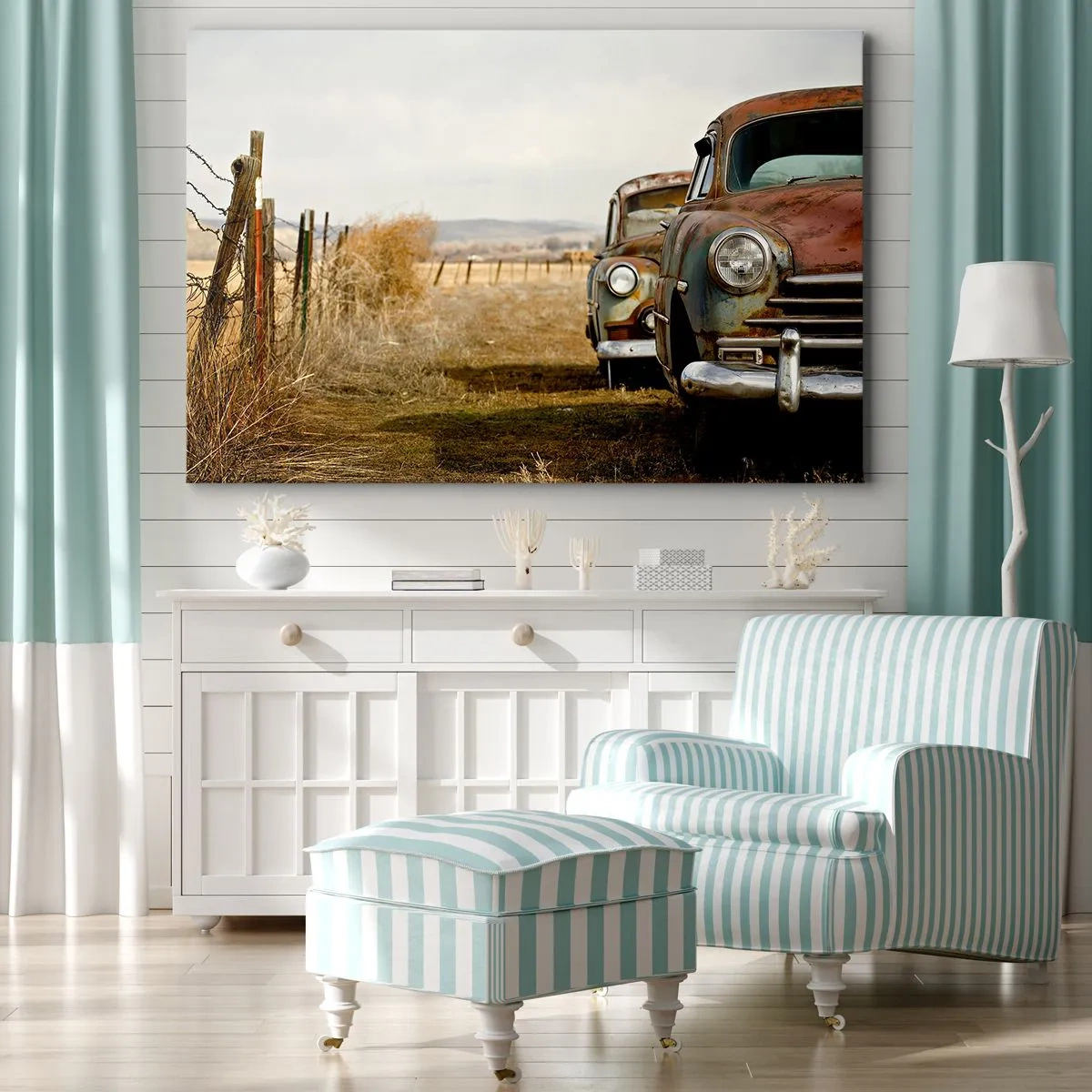 Bild auf Leinwand - Leinwandbild - Zwei alte Autos auf einem Feldweg neben einem Holzzaun - 70x50cm - Eine wohlverdiente Ruhe - Moderne Wanddekoration für Wohnzimmer und Schlafzimmer ARTTOR