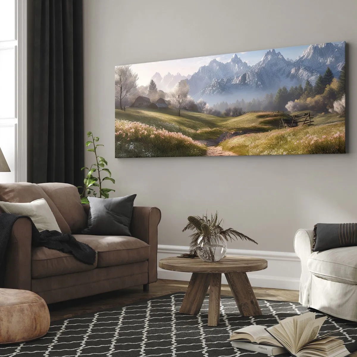 Bild auf Leinwand - Leinwandbild - Ein Bergtal mit Wiesen, Hütten und Blick auf die Gipfel - 140x50cm - Idyllisches Tal - Moderne Wanddekoration für Wohnzimmer und Schlafzimmer ARTTOR