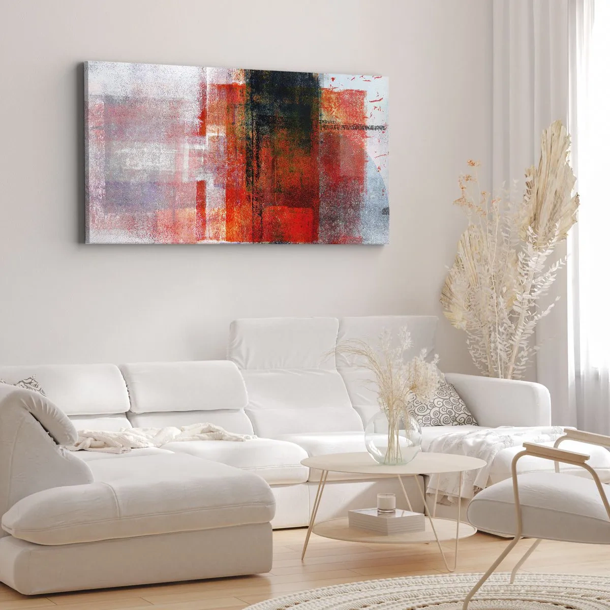 Bild auf Leinwand - Leinwandbild - Abstrakte geometrische Komposition mit roten und orangefarbenen Akzenten - 160x50cm - Komposition leuchtet - Moderne Wanddekoration für Wohnzimmer und Schlafzimmer ARTTOR