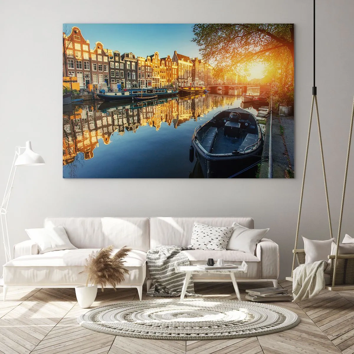 Glasbild - Bild auf glas - Amsterdamer Kanal bei Sonnenuntergang - 70x50cm - Morgen in Amsterdam - Moderne Wanddekoration für Wohnzimmer und Schlafzimmer ARTTOR