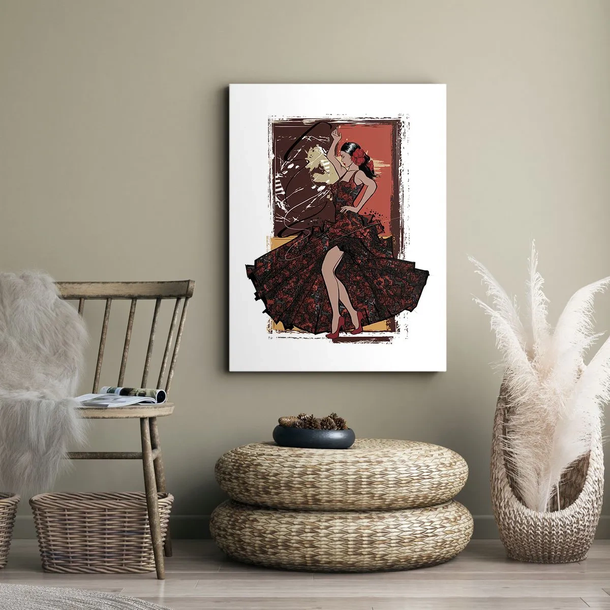 Bild auf Leinwand - Leinwandbild - Eine Tänzerin in einem rot-schwarzen Kleid vor einem künstlerischen Hintergrund - 80x120cm - Im Rhythmus des Herzens - Moderne Wanddekoration für Wohnzimmer und Schlafzimmer ARTTOR