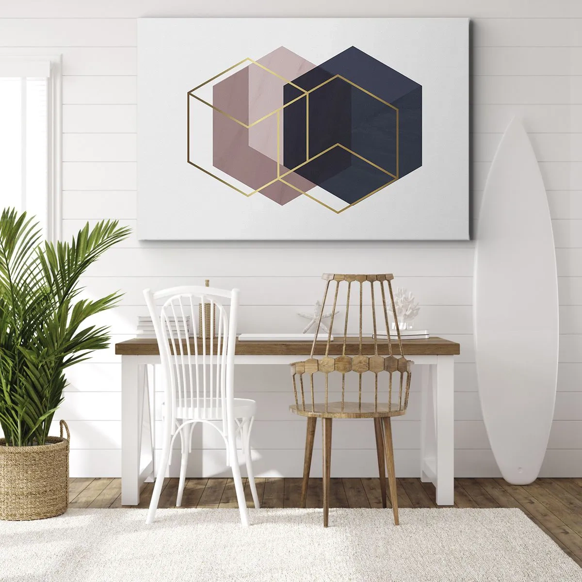 Bild auf Leinwand - Leinwandbild - Geometrische Formen in goldenen Linien auf pastellfarbenem Hintergrund - 100x70cm - Die Kraft der Einfachheit - Moderne Wanddekoration für Wohnzimmer und Schlafzimmer ARTTOR