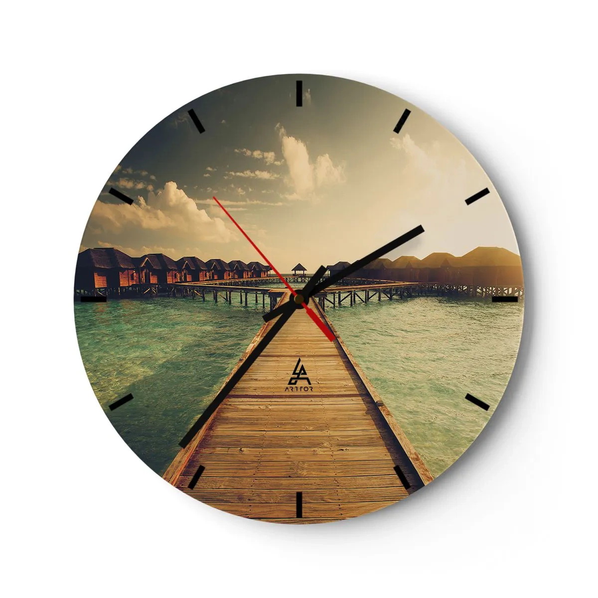 Wanduhr - Glasuhr - Der Steg zu den Wasserhäusern im Abendlicht - 30x30cm - Eine herzliche Einladung - Moderne Wanddekoration für Wohnzimmer, Küche und Schlafzimmer ARTTOR
