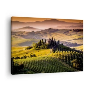 Bild auf Leinwand - Leinwandbild - Toskanische Landschaft mit Weinbergen und einem Haus auf einem Hügel - 70x50cm - Arkadien - die toskanische Landschaft - Moderne Wanddekoration für Wohnzimmer und Schlafzimmer ARTTOR