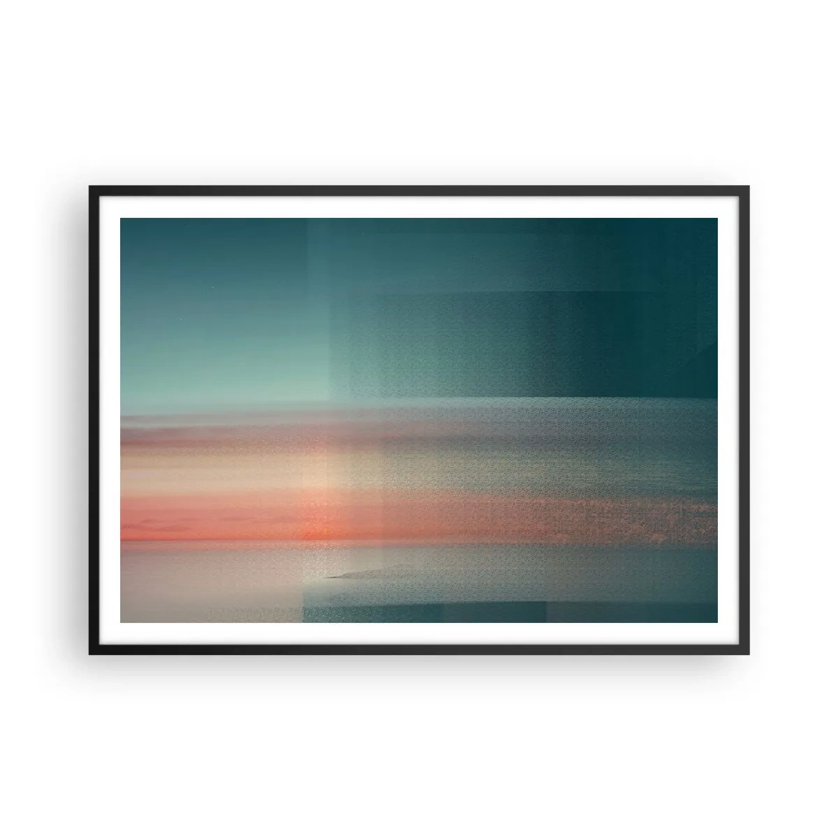Poster in einem schwarzem Rahmen - Ein Sonnenuntergang in Pastelltönen über einem ruhigen Horizont - 100x70cm - Abstraktion: Lichtwellen - Moderne Wanddekoration für Wohnzimmer und Schlafzimmer ARTTOR