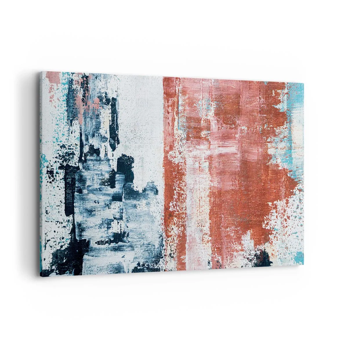 Bild auf Leinwand - Leinwandbild - Abstraktion in Weiß-, Blau- und Ziegelfarben - 120x80cm - Fünfzig-Fünfzig abstrakt - Moderne Wanddekoration für Wohnzimmer und Schlafzimmer ARTTOR