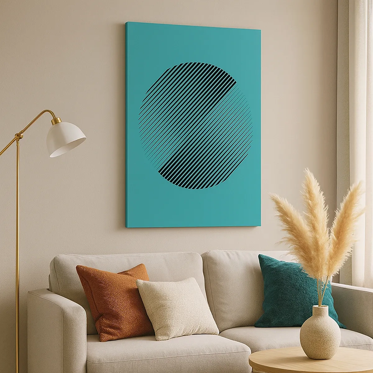 Bild auf Leinwand - Leinwandbild - Ein minimalistischer Kreis mit Linien auf türkisfarbenem Hintergrund. - 50x70cm - Kreis – eine geometrische Variante - Moderne Wanddekoration für Wohnzimmer und Schlafzimmer ARTTOR