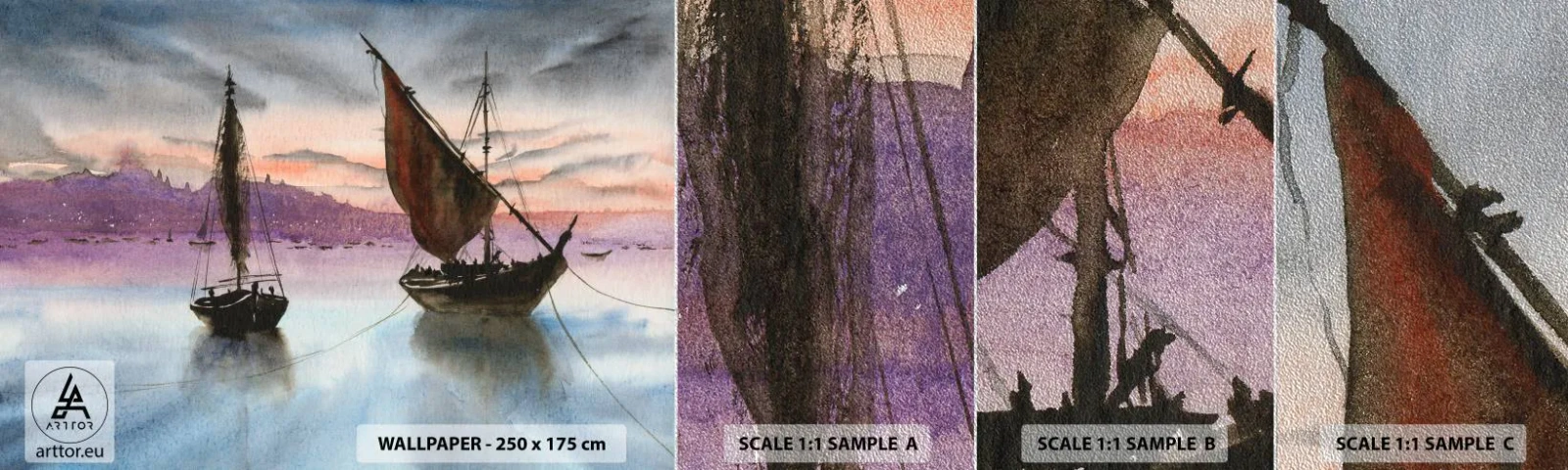 Fototapeten Muster Premium Sand - Abend am Hafen - Segelboote, Strand, Landschaft - 100x30 cm