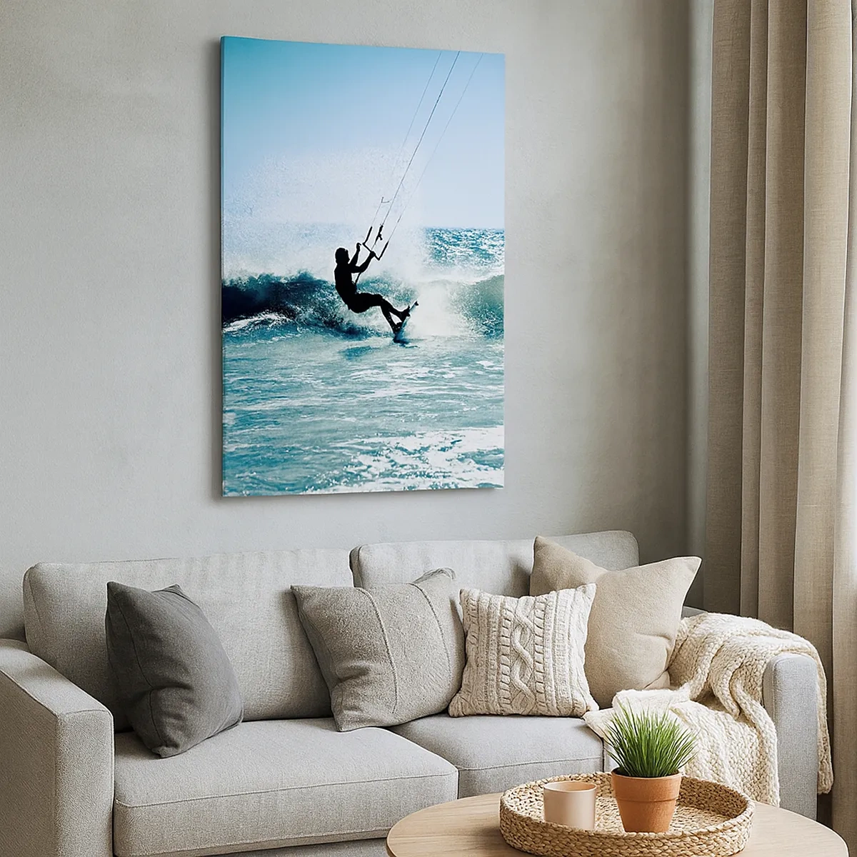 Bild auf Leinwand - Leinwandbild - Kitesurfer reitet eine Welle in der vollen Sonne - 50x70cm - Hinreißen lassen - Moderne Wanddekoration für Wohnzimmer und Schlafzimmer ARTTOR