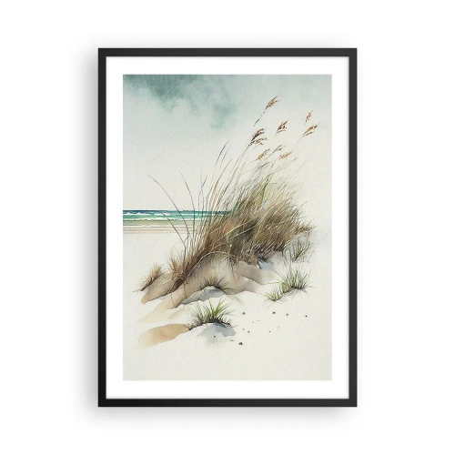 Poster in einem schwarzem Rahmen - Aquarellartige Dünen mit Gräsern an einem ruhigen Meer - 50x70cm - Mit Sand bedeckt - Moderne Wanddekoration für Wohnzimmer und Schlafzimmer ARTTOR