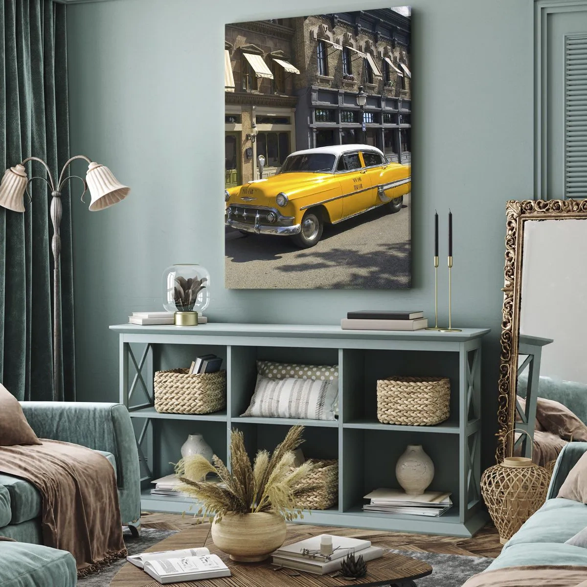 Bild auf Leinwand - Leinwandbild - Ein gelbes Taxi auf einer Straße mit Mietshäusern - 50x70cm - Vor langer Zeit in Amerika - Moderne Wanddekoration für Wohnzimmer und Schlafzimmer ARTTOR