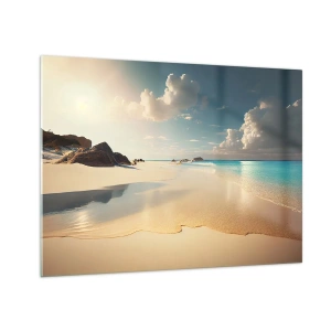 Glasbild - Bild auf glas - Goldener Strand und türkisfarbenes Meer im Licht der Morgensonne - 70x50cm - Erträumter Tag - Moderne Wanddekoration für Wohnzimmer und Schlafzimmer ARTTOR