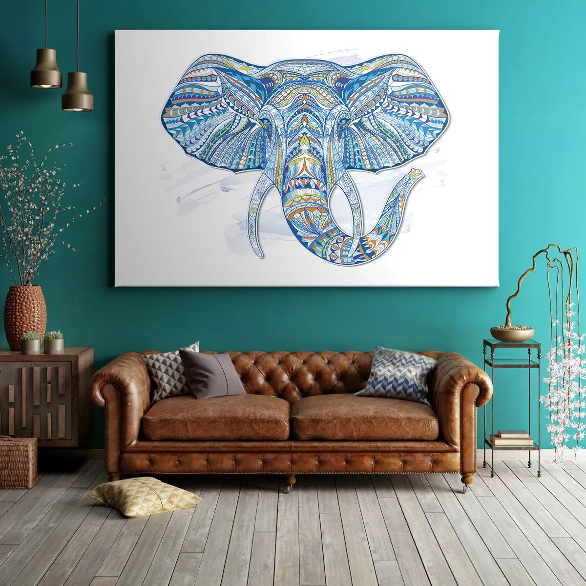 Bild auf Leinwand - Leinwandbild - Geometrischer Elefant in Blau- und Goldtönen - 120x80cm - In Gold und Blau eingelegt - Moderne Wanddekoration für Wohnzimmer und Schlafzimmer ARTTOR