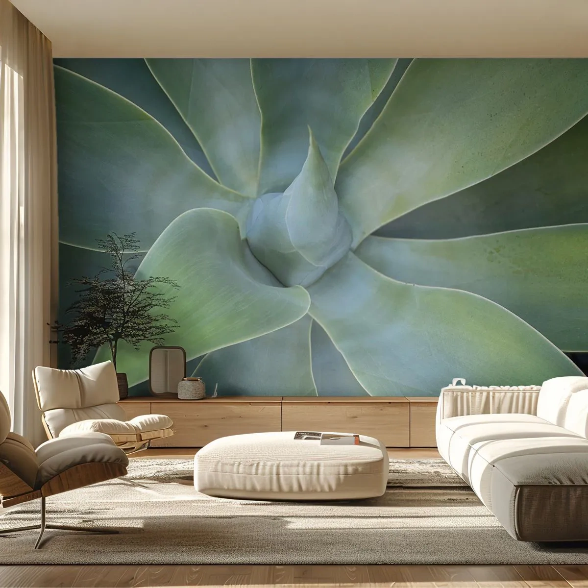 Fototapete Premium Sand - Makrofotografie einer Sukkulente in sanften Grüntönen - 100x70cm - Geburt des Grüns - Moderne Wanddekoration für Wohnzimmer und Schlafzimmer ARTTOR