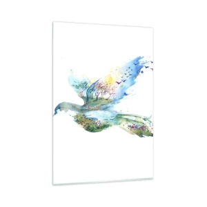 Glasbild - Bild auf glas - Aquarellkomposition eines Vogels mit Elementen der Natur - 80x120cm - Auf den Flügeln der Natur - Moderne Wanddekoration für Wohnzimmer und Schlafzimmer ARTTOR