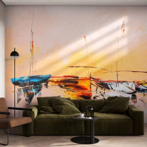 Fototapete Standard Eco - Bunte Boote auf dem Wasser im Licht der untergehenden Sonne - 100x70cm - Abend im Yachthafen - Moderne Wanddekoration für Wohnzimmer und Schlafzimmer ARTTOR