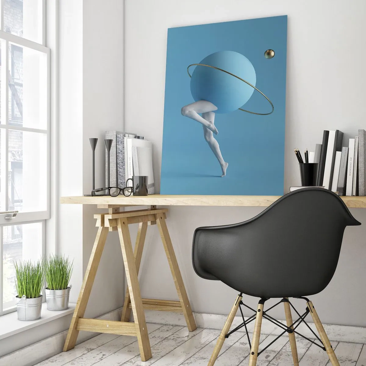 Glasbild - Bild auf glas - Eine minimalistische Komposition eines Planeten mit menschlichen Beinen auf Blau. - 50x70cm - Und die Planeten spielen verrückt - Moderne Wanddekoration für Wohnzimmer und Schlafzimmer ARTTOR
